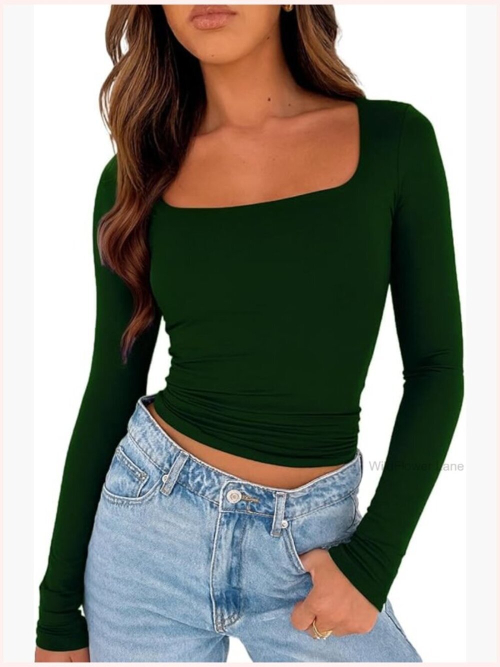 Long Sleeve Square Neck Going Out Top Double Lined Slim Fit T-Shirt